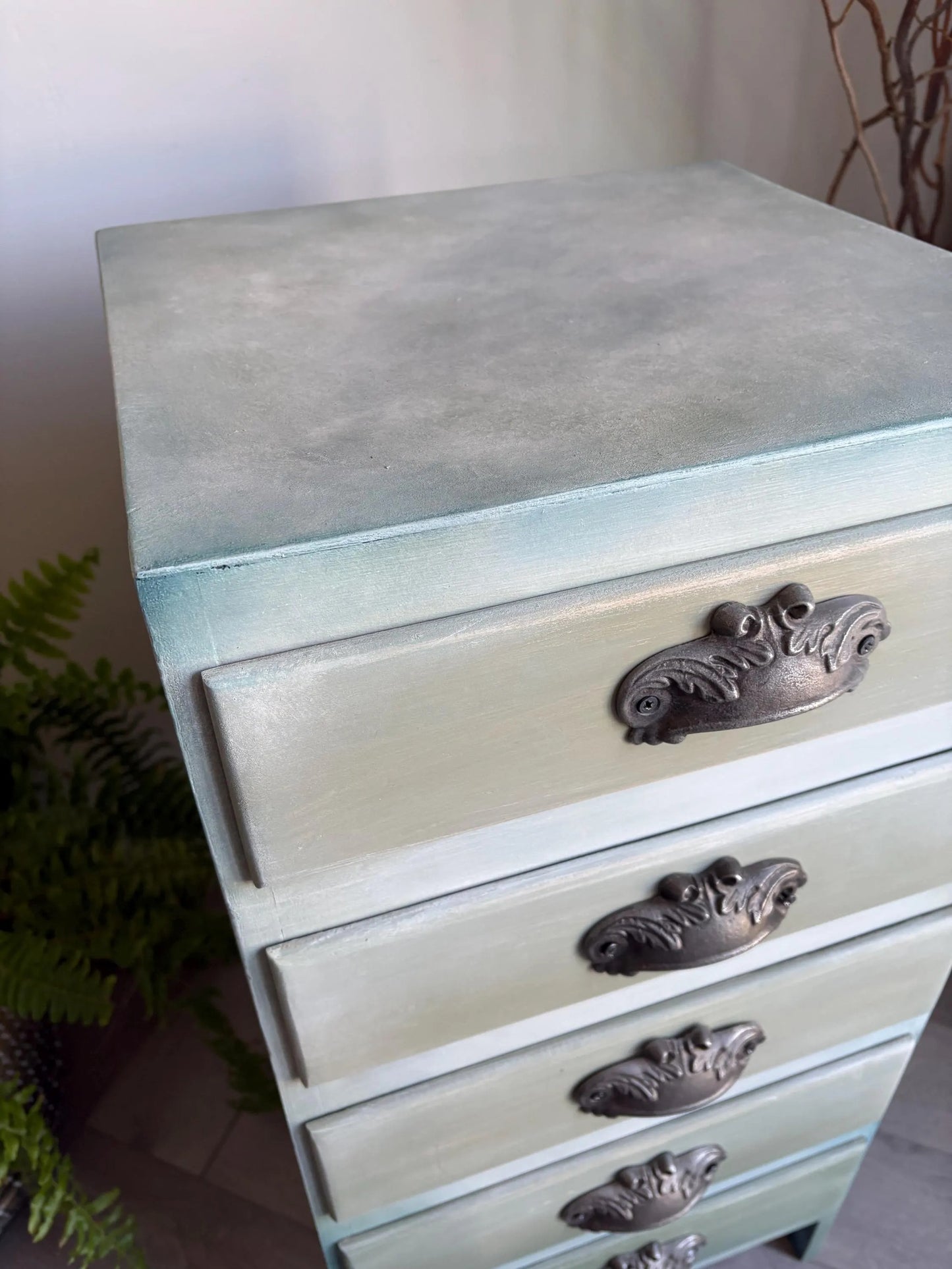 Vintage bedside drawers, hand painted sage green