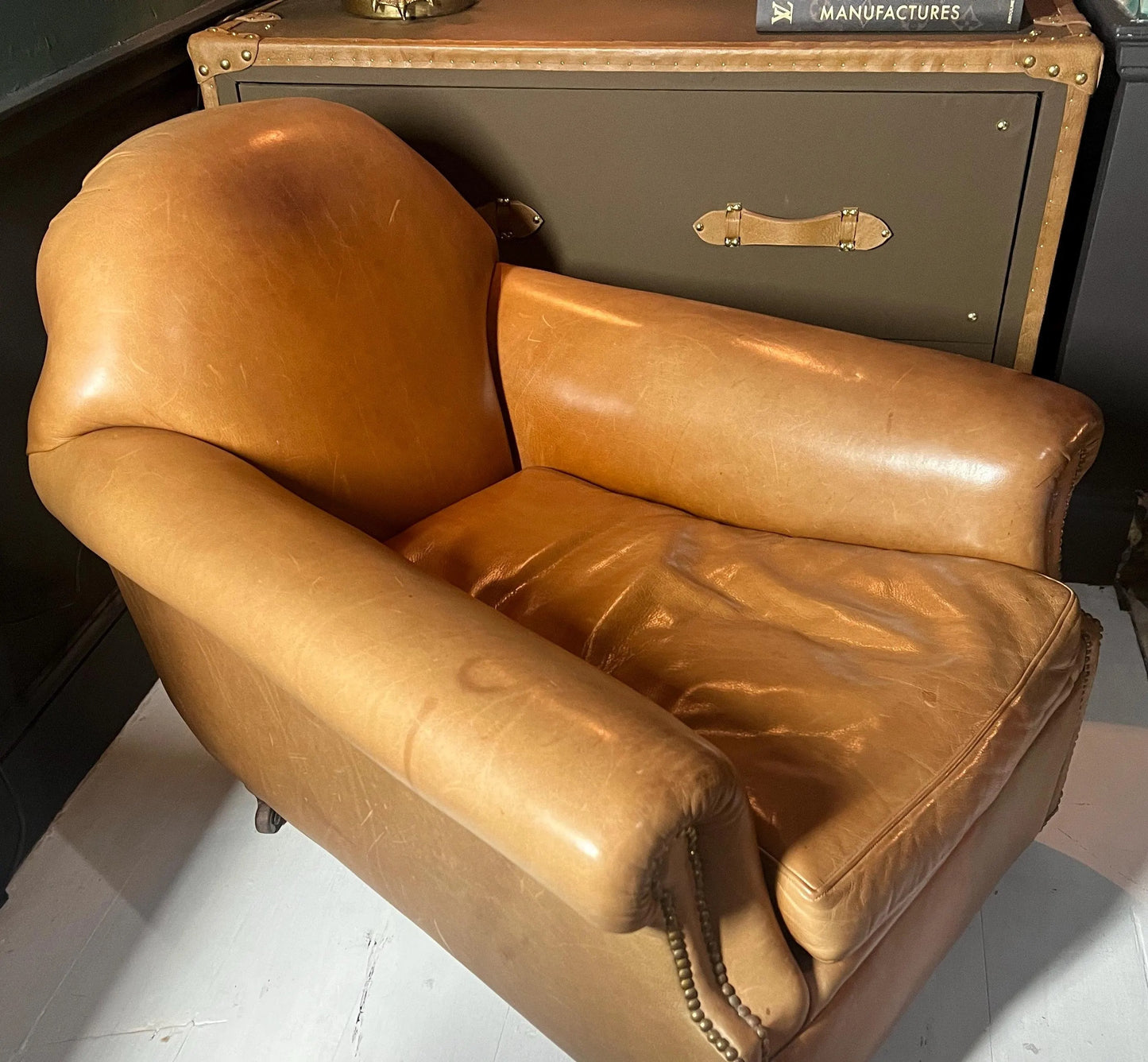 Vintage Tan Leather Wingback Club Chair – English Library Reading Armchair