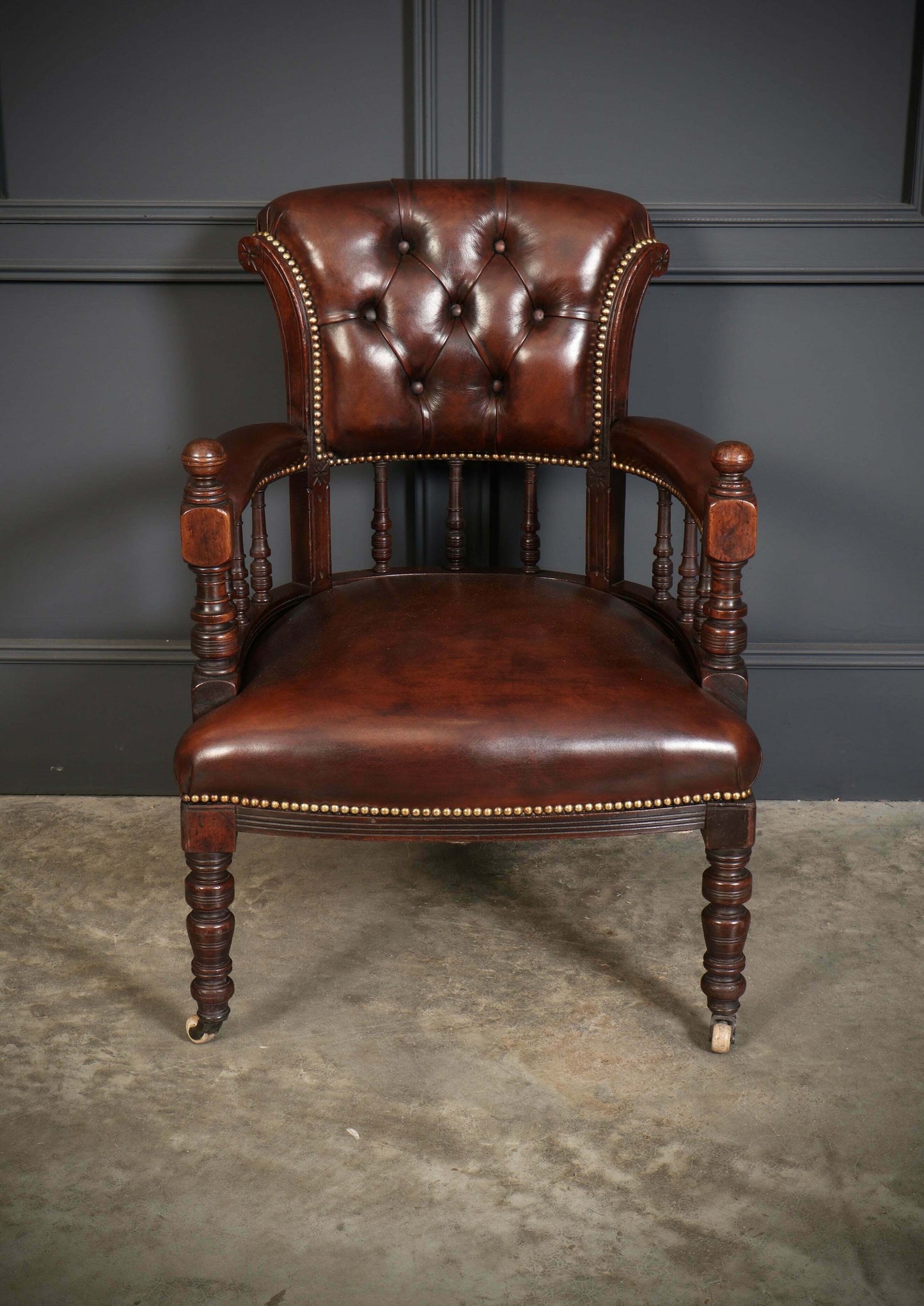 Pair Of Vintage Victorian Mahogany & Buttoned Leather Captains Desk Chairs