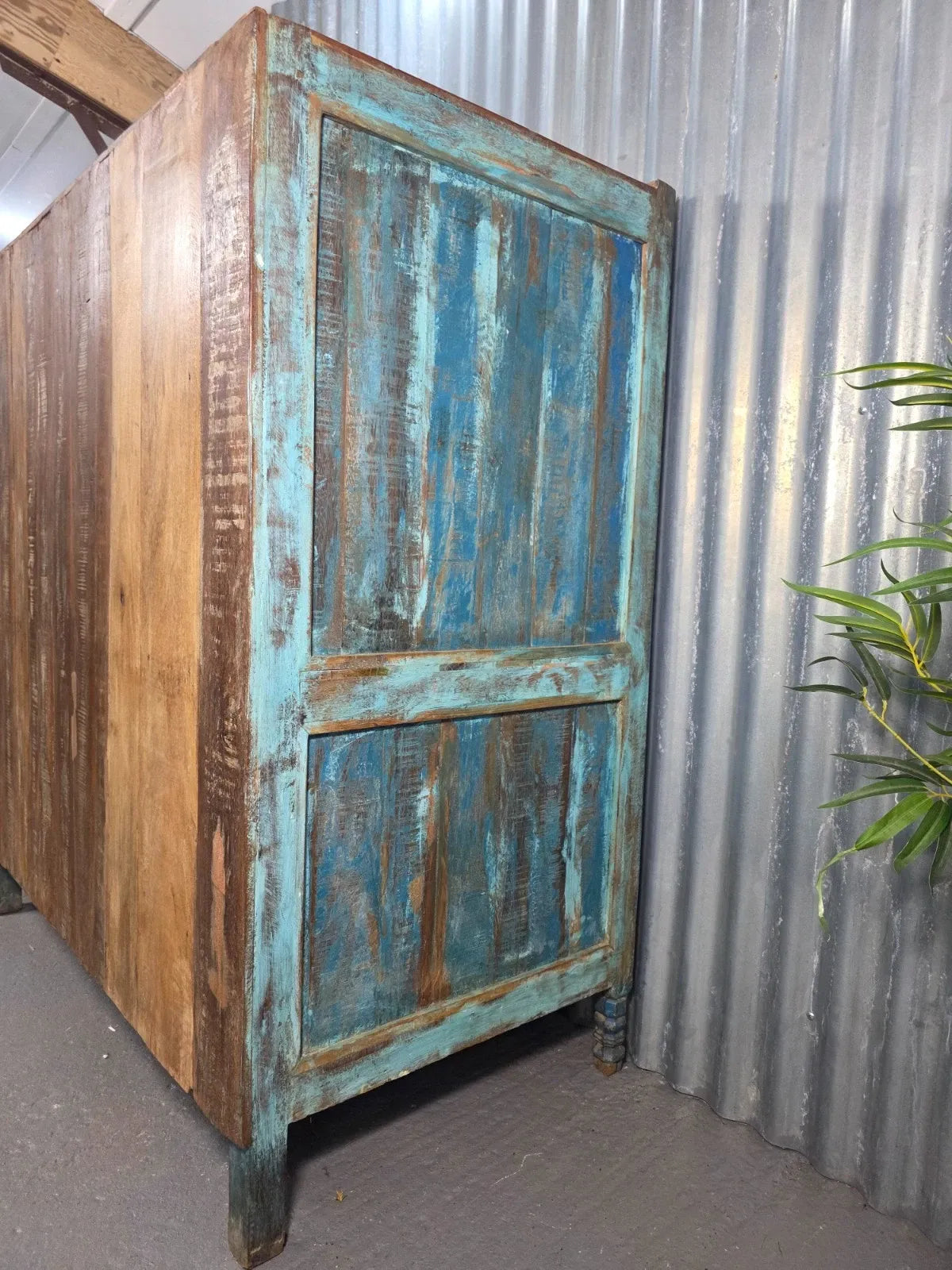 Blue Vintage Indian Glazed Colonial Wooden Kitchen Bathroom Drinks Cocktail Cabinet