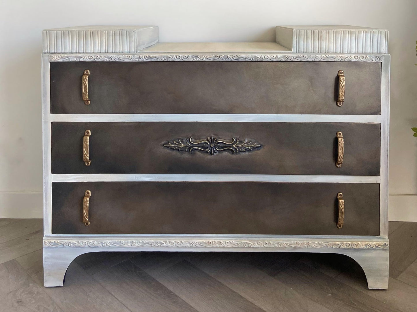 Mid Century Hand Painted Low Chest of Drawers: Bronze Glaze