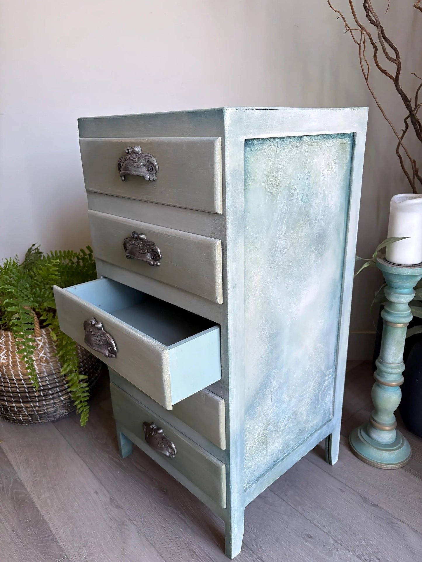 Vintage bedside drawers, hand painted sage green