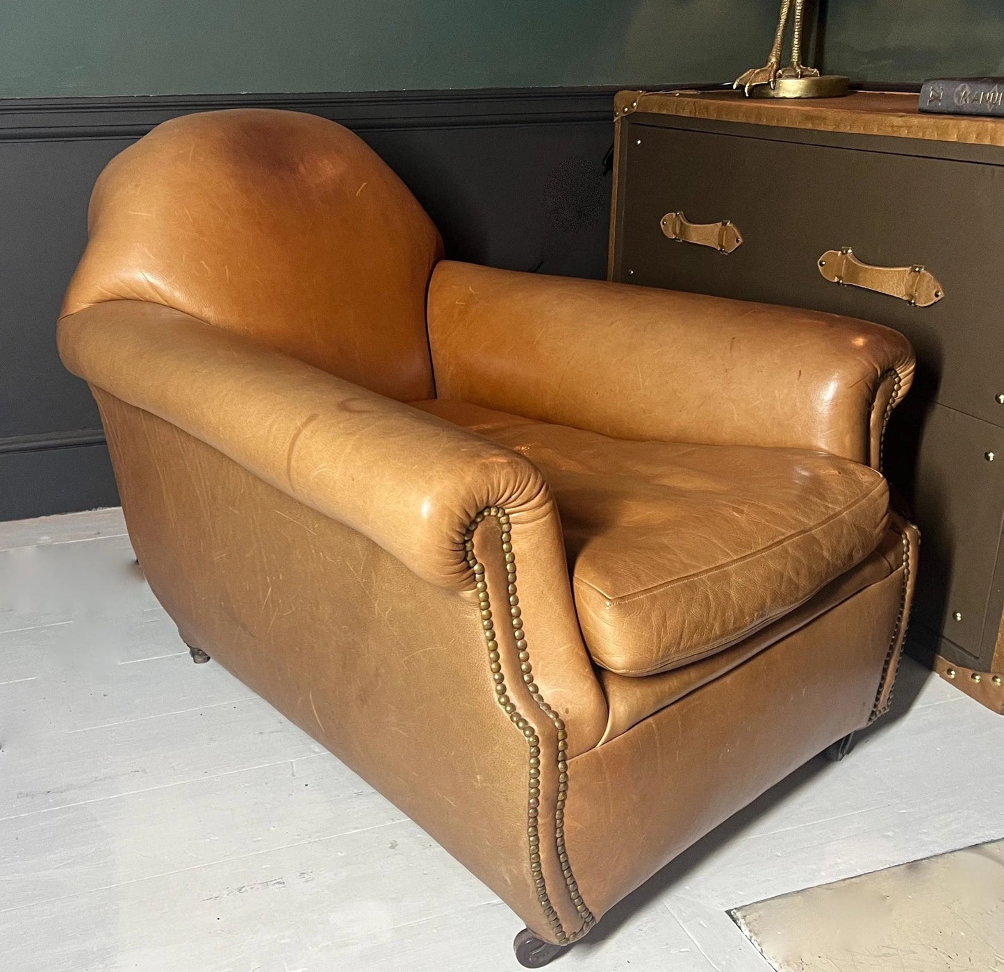 Vintage Tan Leather Wingback Club Chair – English Library Reading Armchair