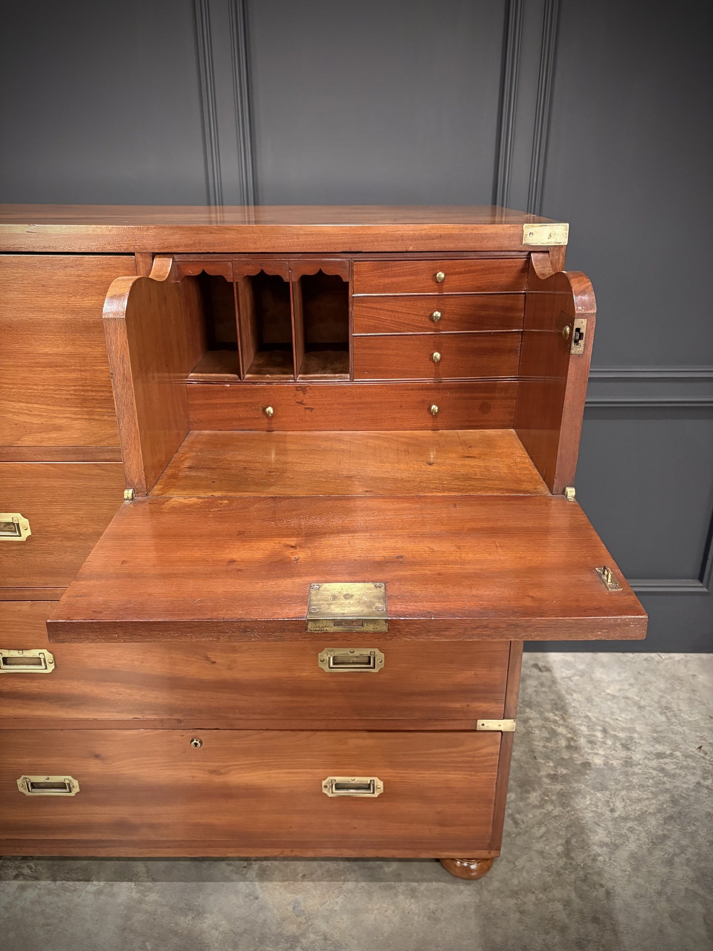 Vintage Tall Boy Mahogany Military Campaign Secretaire Chest
