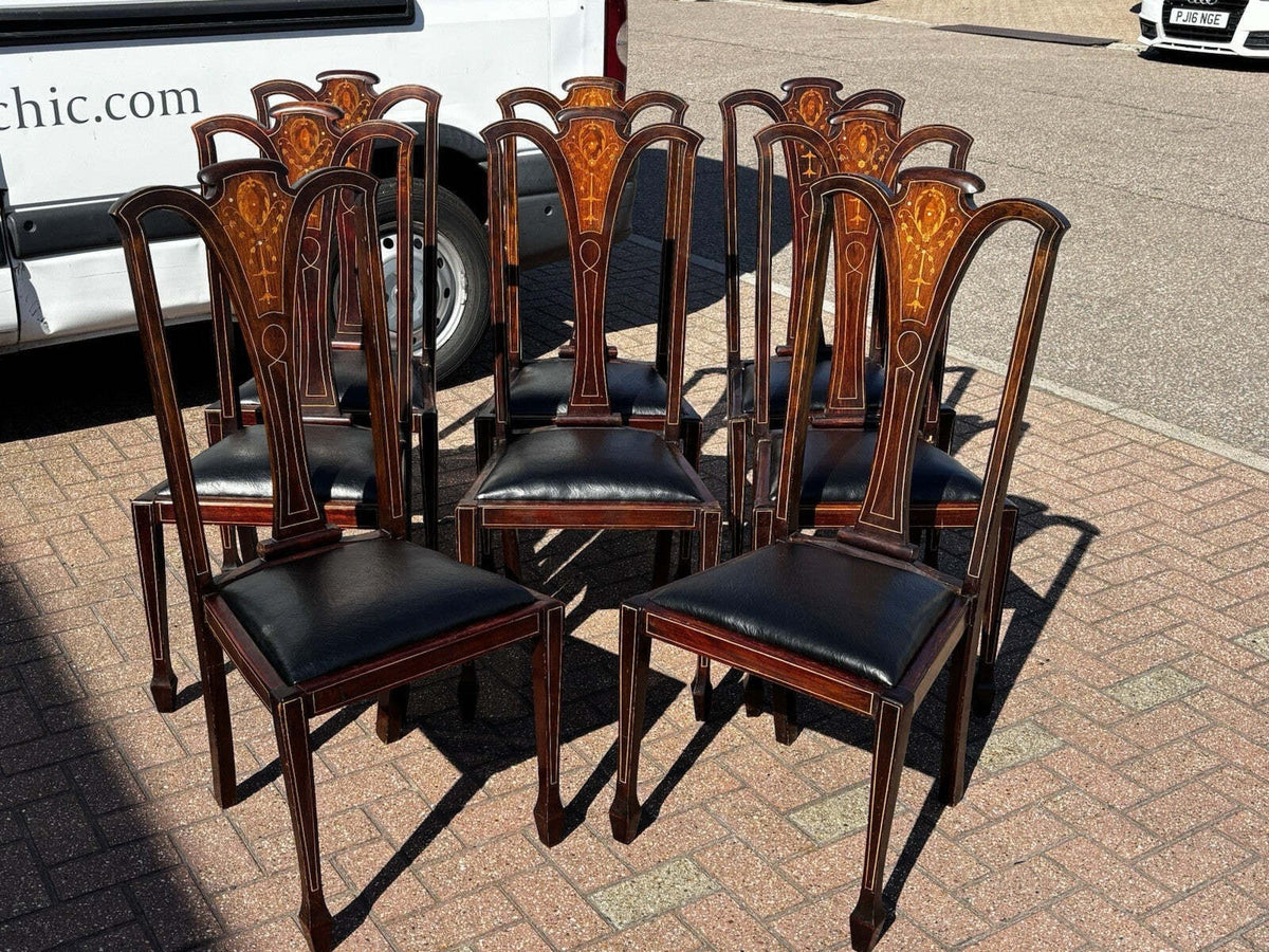 Set of 8 Art Noveau Marquetry Inlaid Mahogany Dining Chairs, New Upholstery.