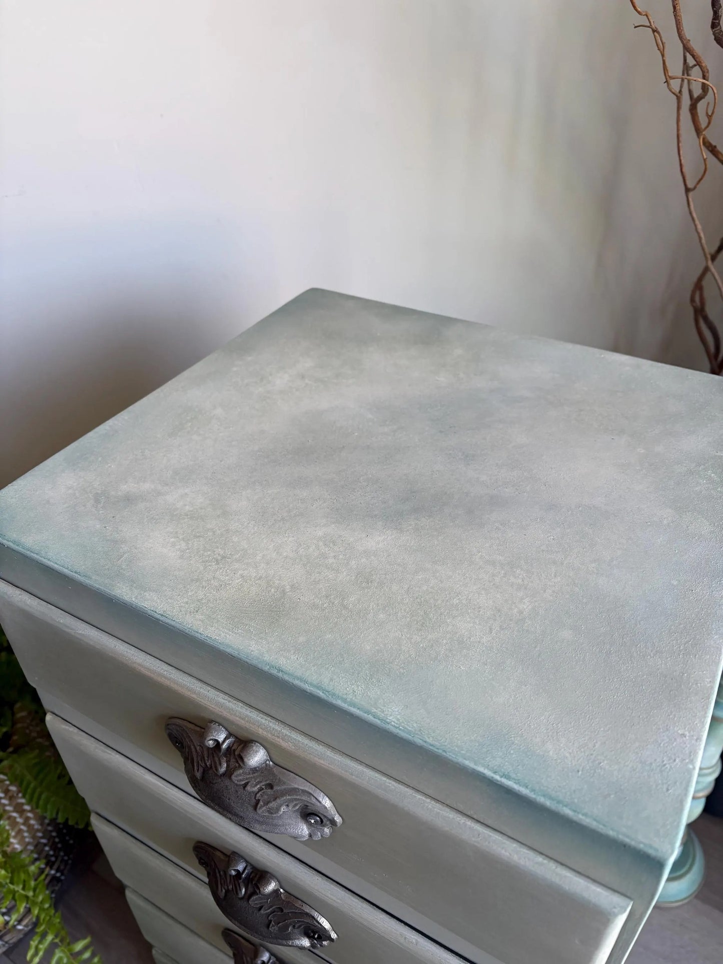 Vintage bedside drawers, hand painted sage green