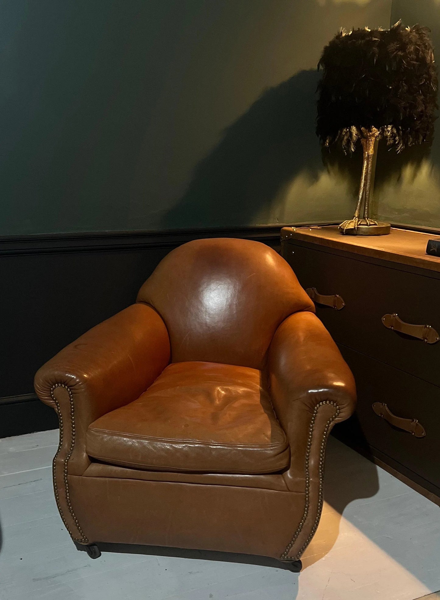 Vintage Tan Leather Wingback Club Chair – English Library Reading Armchair