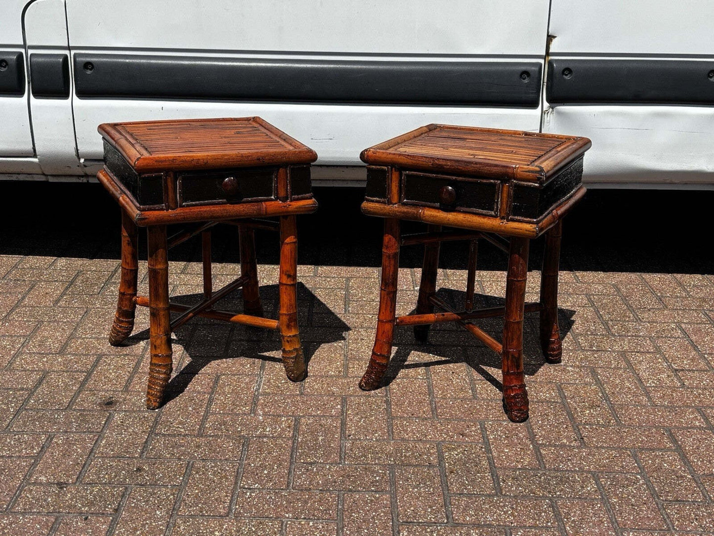 Pair Vintage Bamboo Bedside Tables, Lamp Tables, Side Tables. Each With Drawer.
