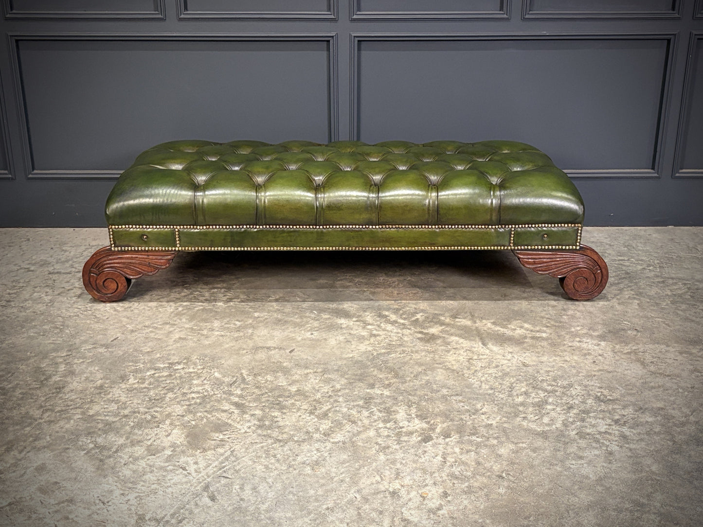 Vintage Regency Green Buttoned Leather Footstool