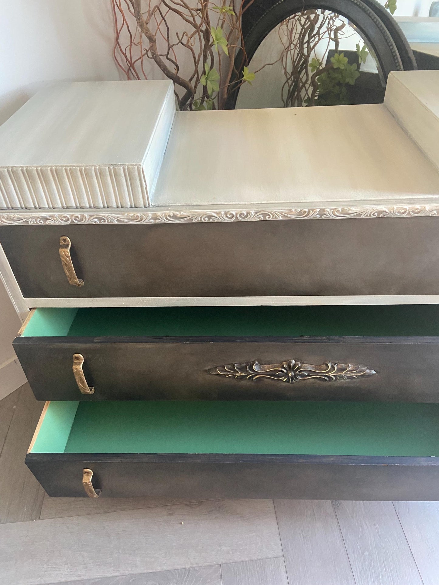 Mid Century Hand Painted Low Chest of Drawers: Bronze Glaze