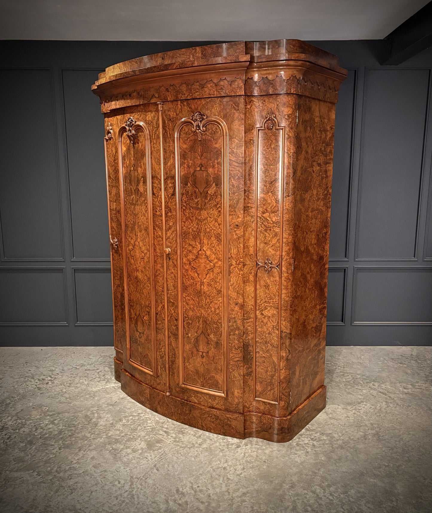 Large Victorian Bow Front Walnut Art Deco Wardrobe