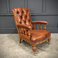 Pair Of Oak & Buttoned Vintage Leather Library Armchairs