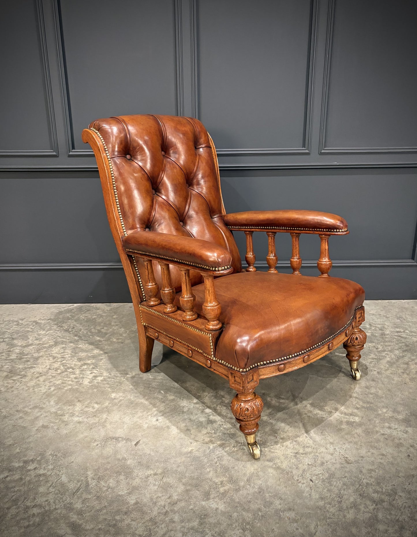 Pair Of Oak & Buttoned Vintage Leather Library Armchairs
