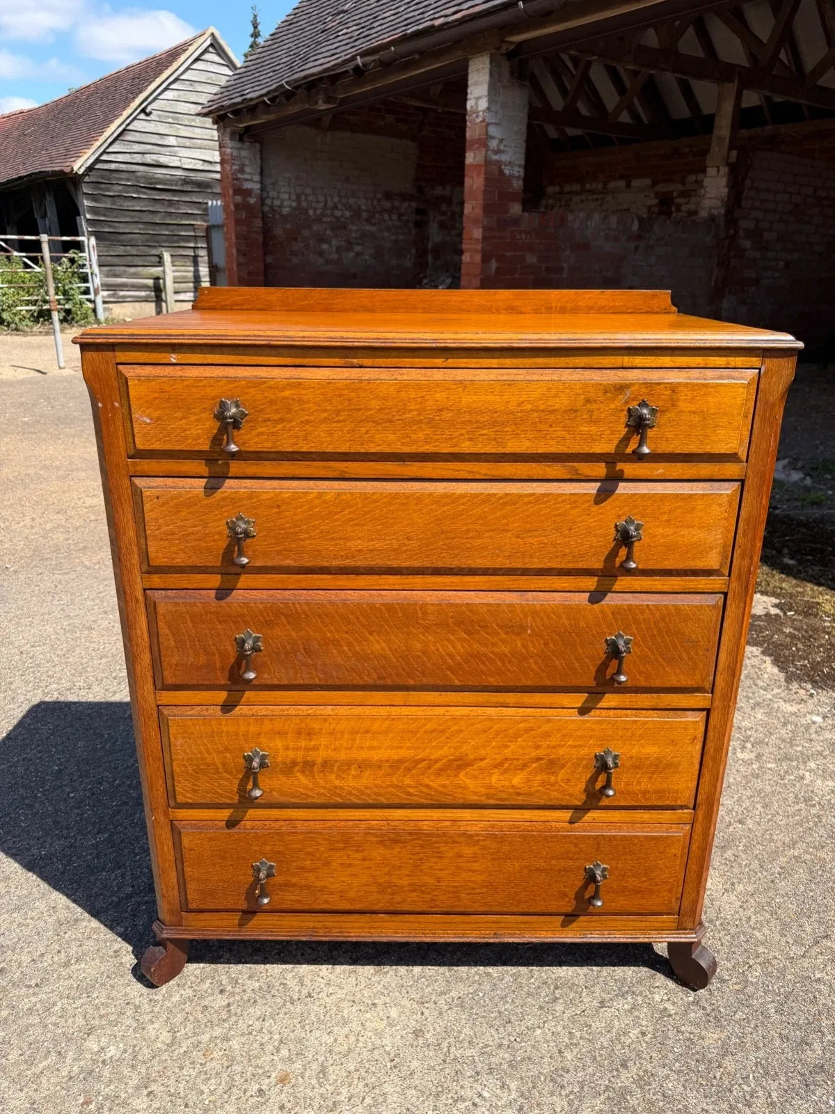 Art Nouveau Arts & Crafts Golden Oak Vintage Tall boy Chest of Drawers
