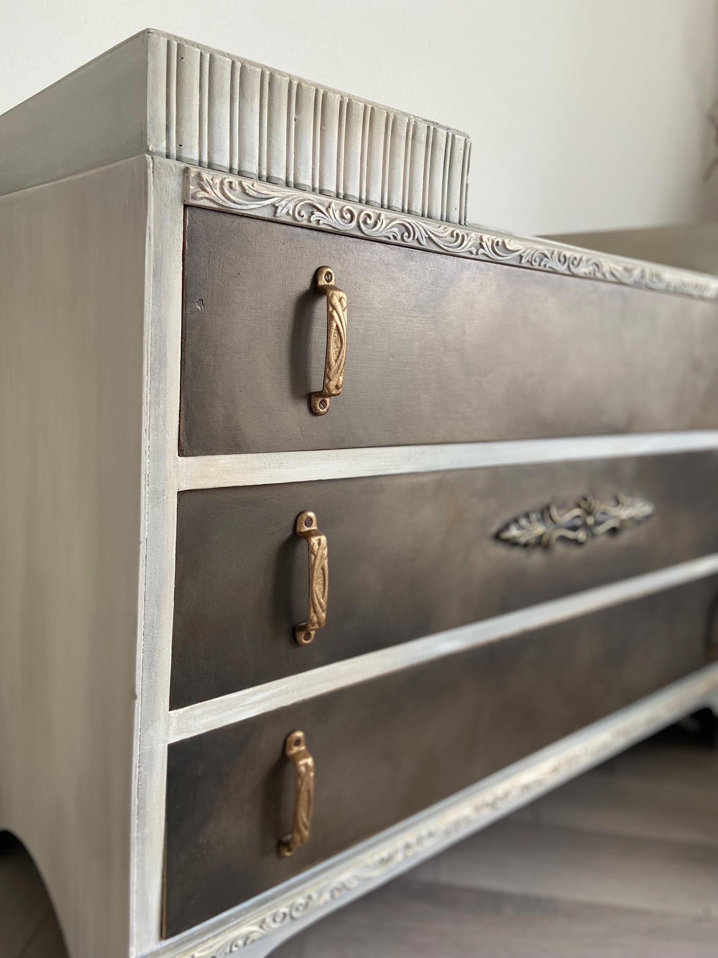 Mid Century Hand Painted Low Chest of Drawers: Bronze Glaze