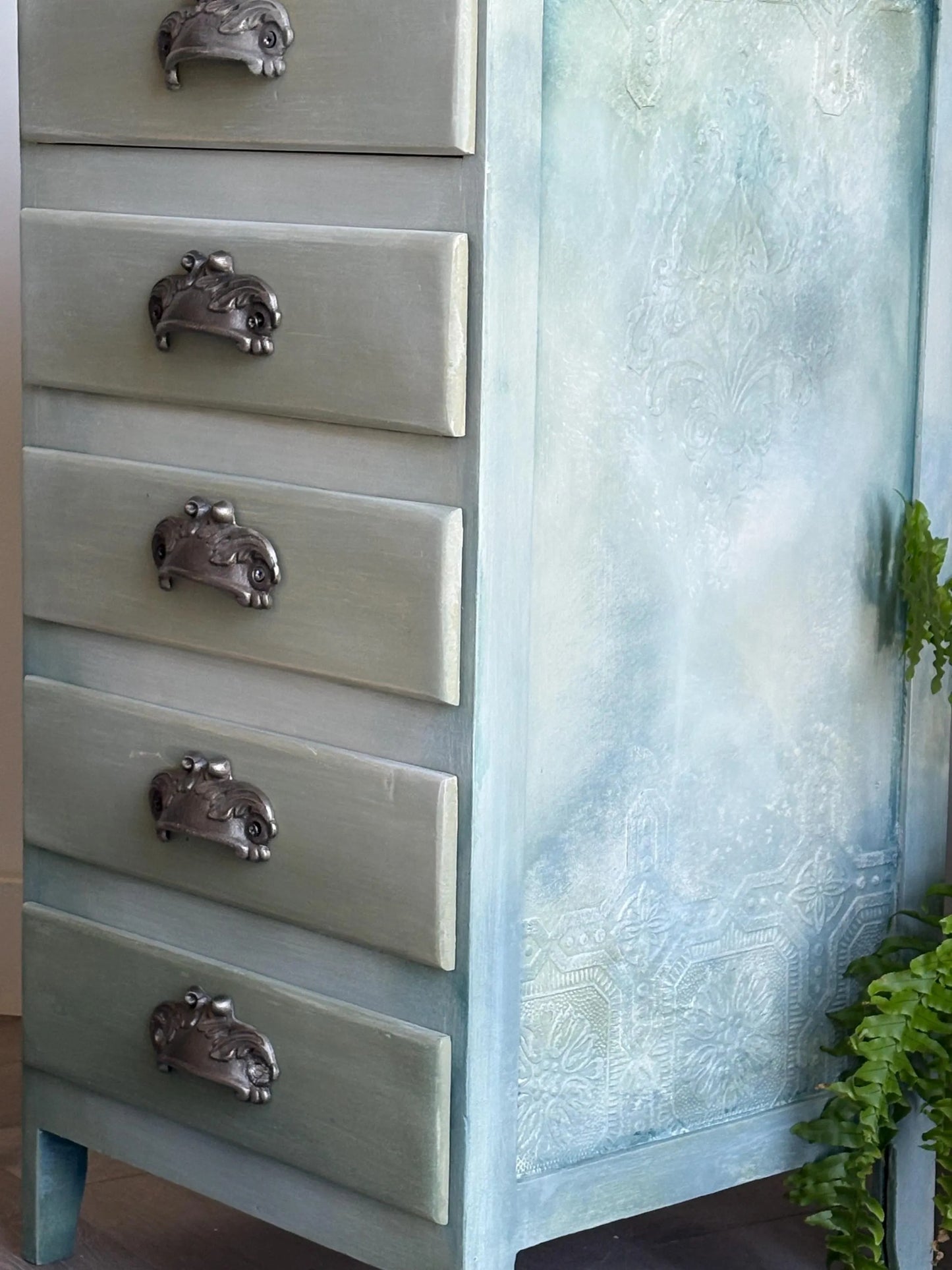 Vintage bedside drawers, hand painted sage green
