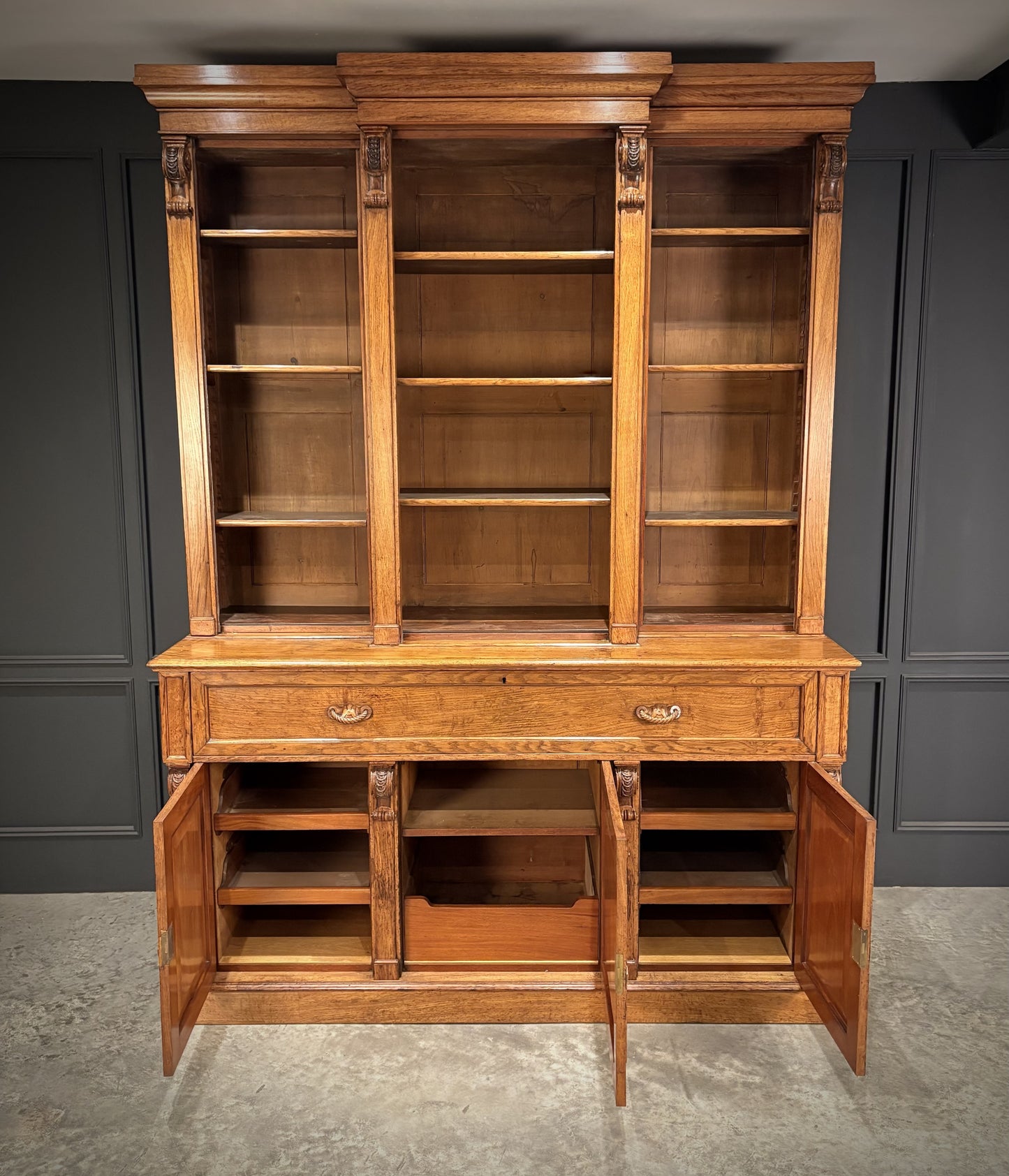 Large Vintage Early Victorian Breakfront Oak Bookcase