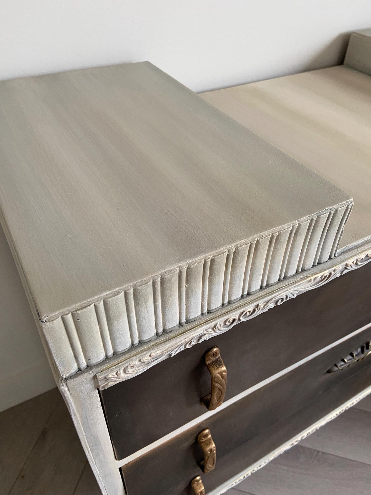 Mid Century Hand Painted Low Chest of Drawers: Bronze Glaze