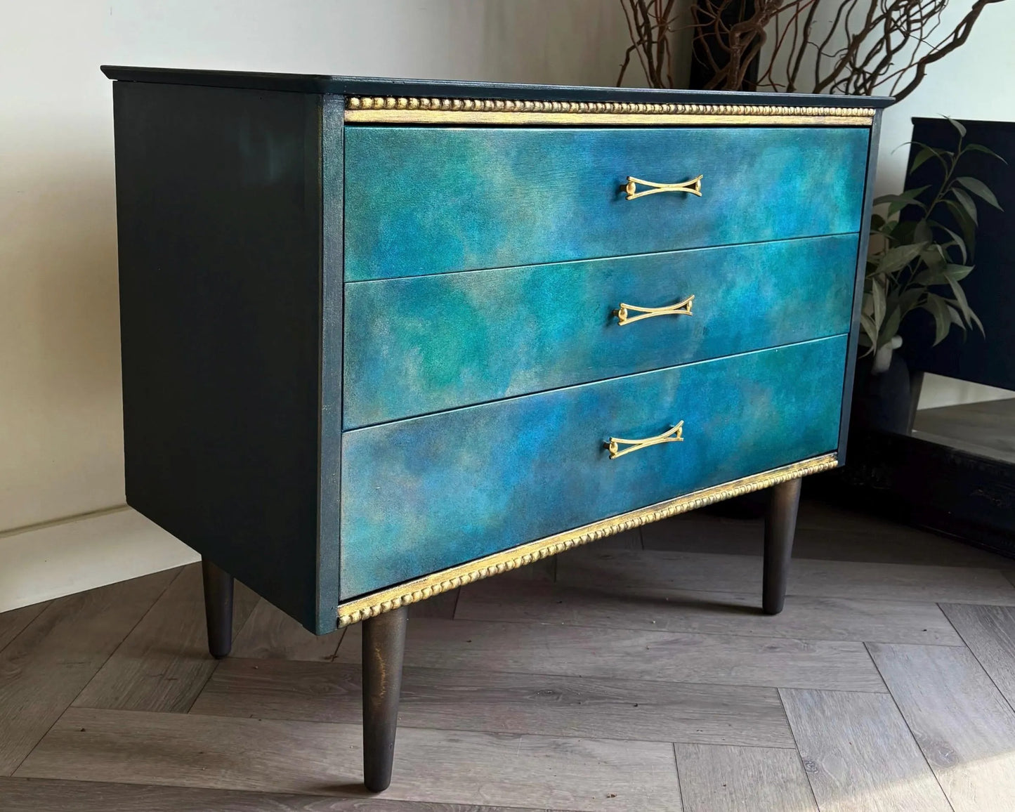 Blue, Teal & Green Vintage Chest of Drawers, Hand Painted Mid Century Dresser