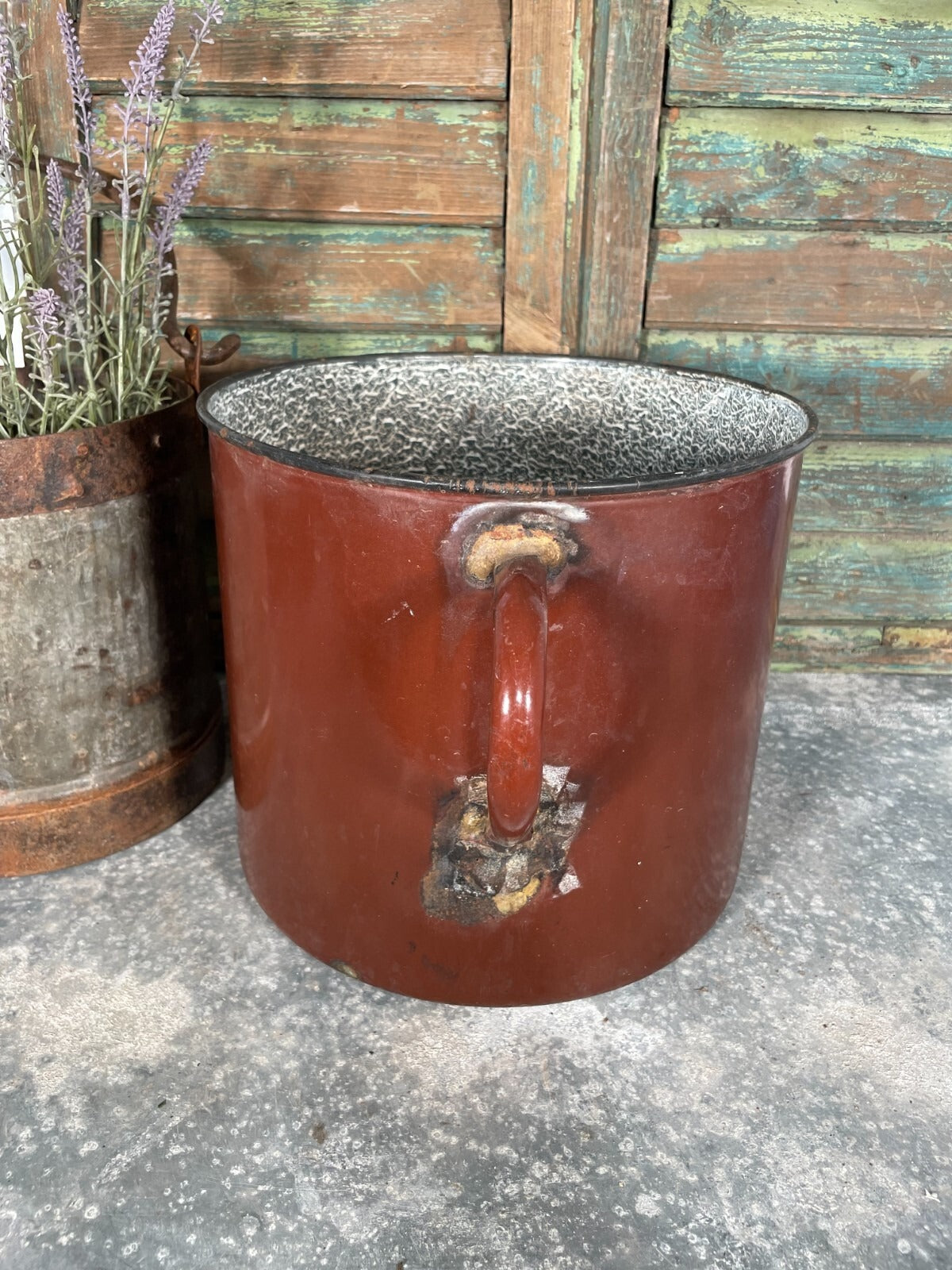 Vintage French Brown Enamel Cooking Pot Tub Garden Planter