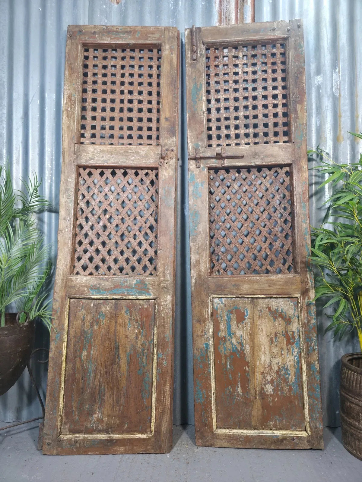Pair Vintage Rustic Indian Wooden Iron Doors Garden Gates Room Divider Screen