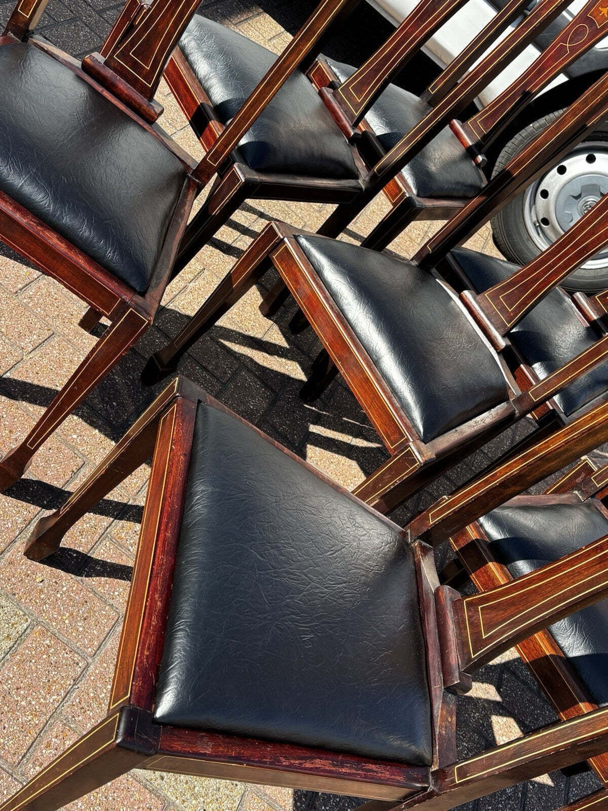 Set of 8 Art Noveau Marquetry Inlaid Mahogany Dining Chairs, New Upholstery.