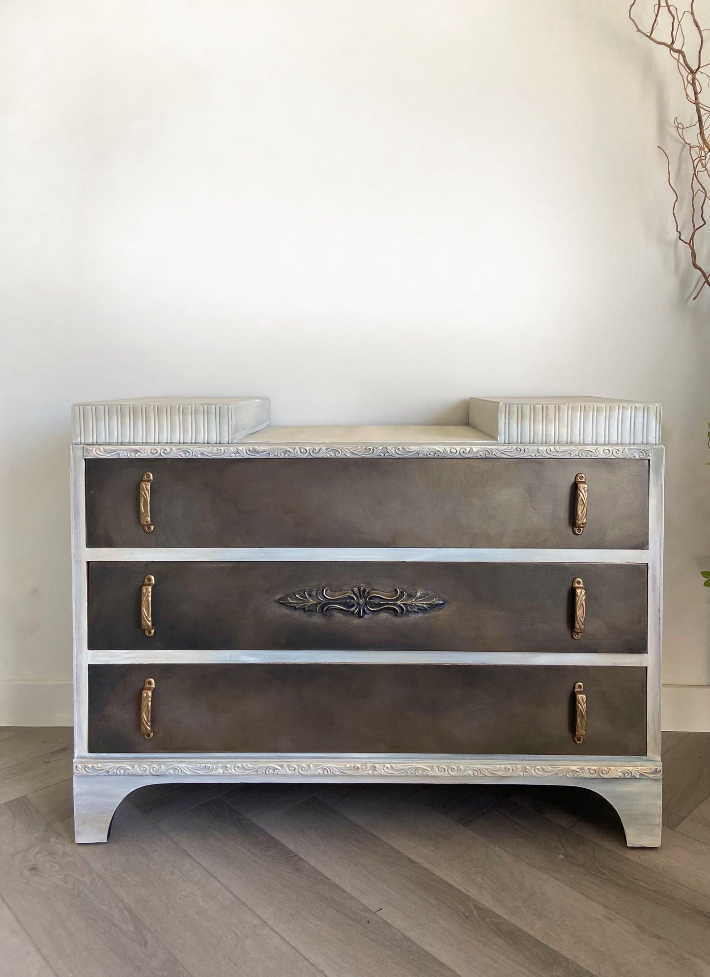 Mid Century Hand Painted Low Chest of Drawers: Bronze Glaze