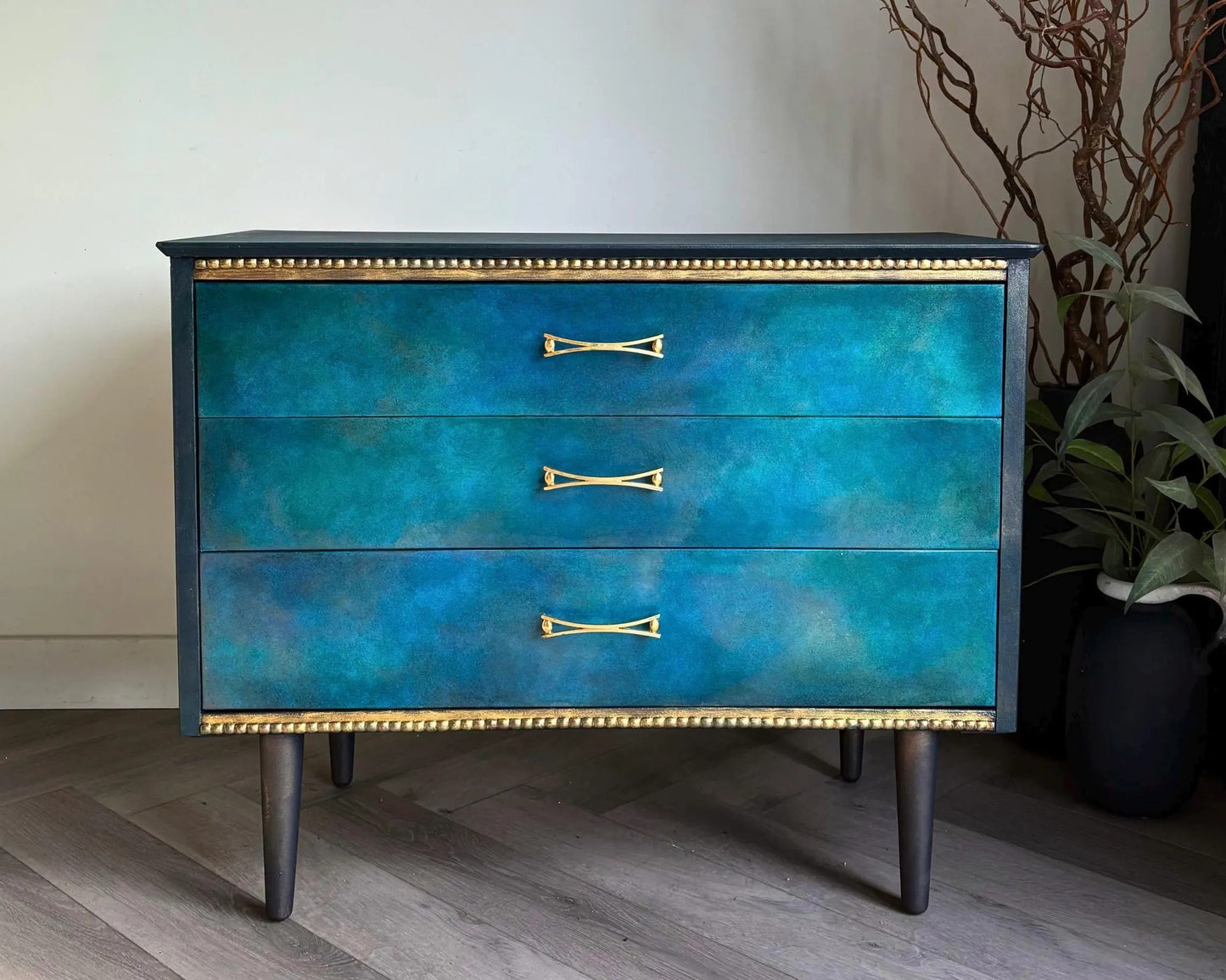 Blue, Teal & Green Vintage Chest of Drawers, Hand Painted Mid Century Dresser