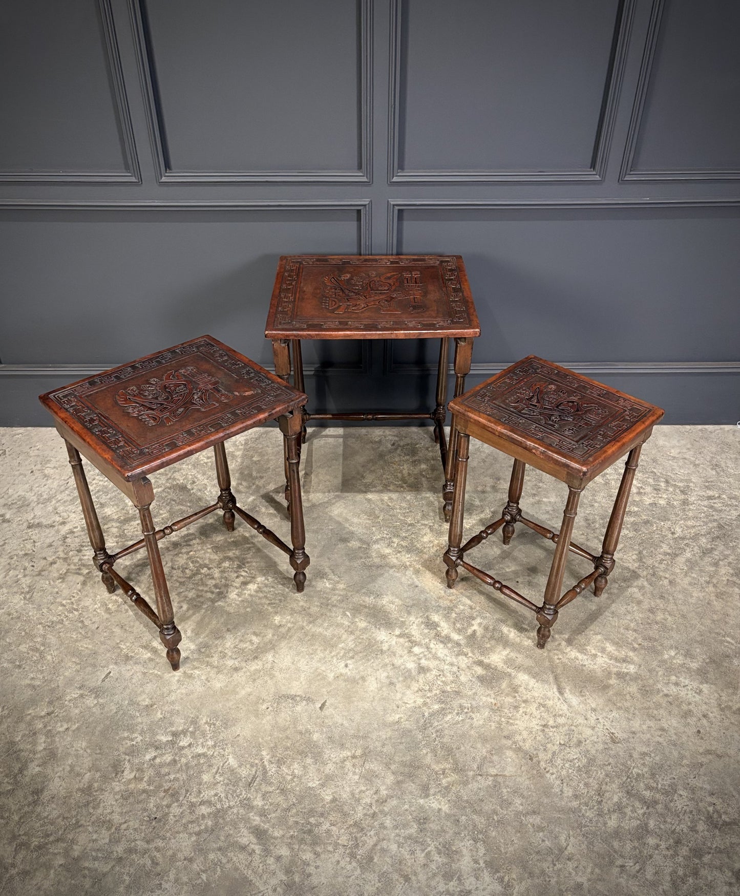 Nest Of Three Embossed Carved Leather Top Tables