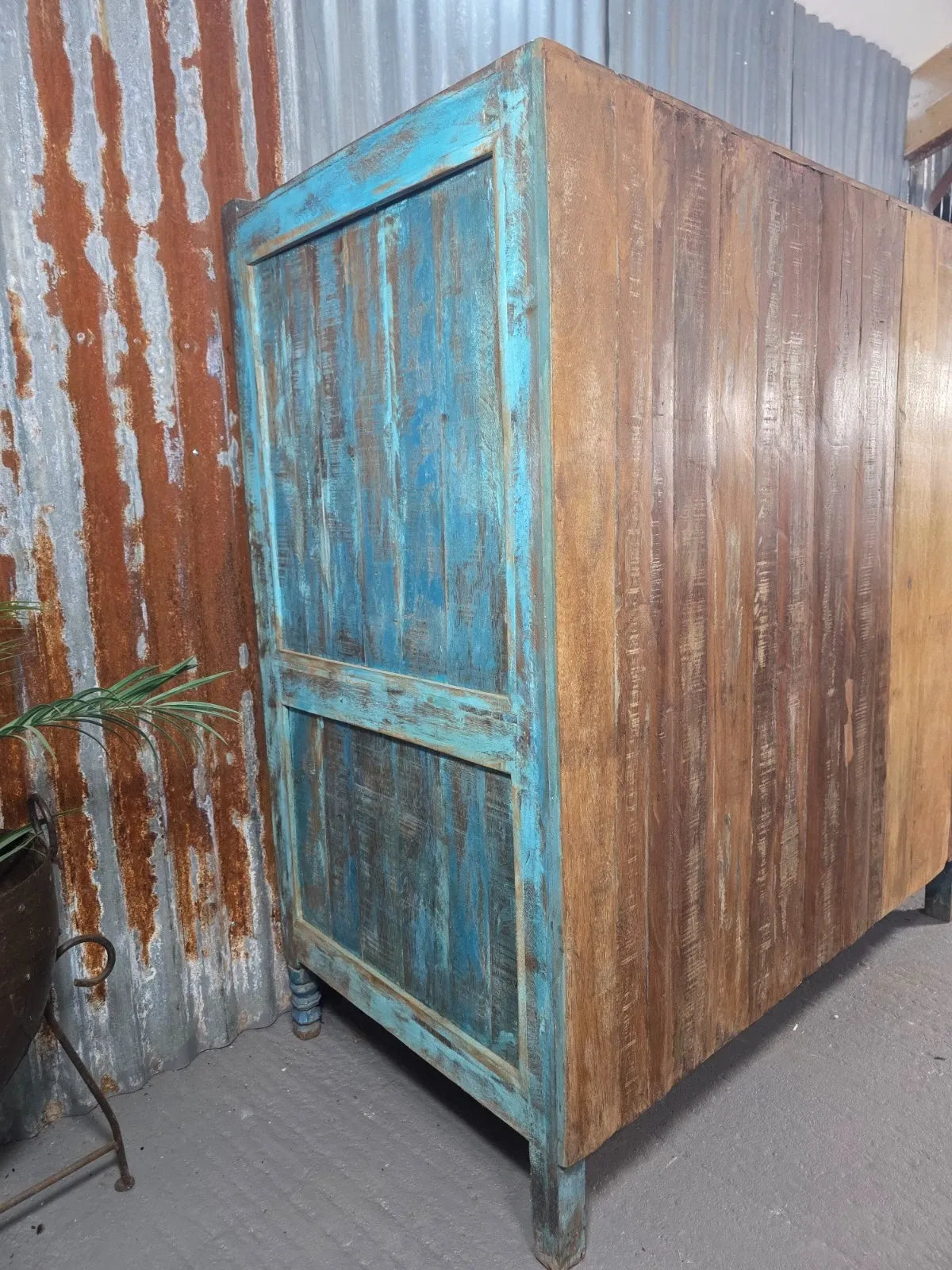 Blue Vintage Indian Glazed Colonial Wooden Kitchen Bathroom Drinks Cocktail Cabinet