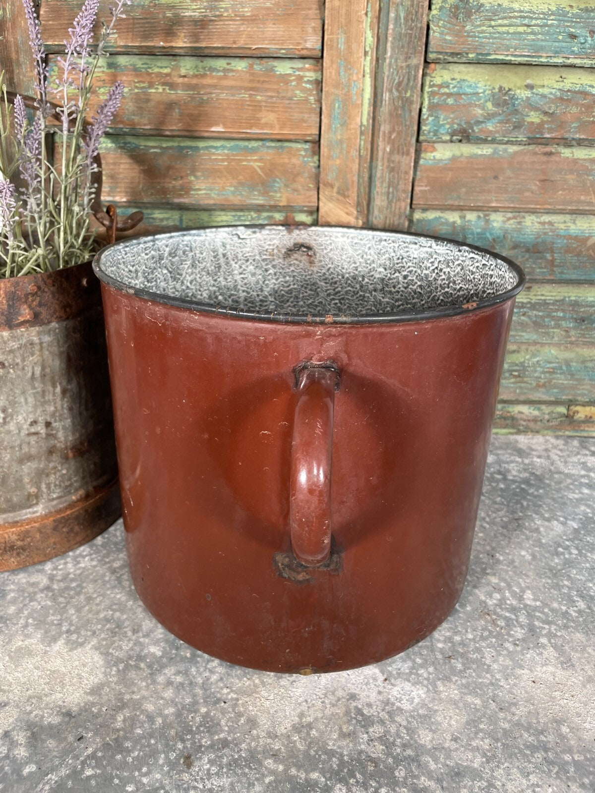 Vintage French Brown Enamel Cooking Pot Tub Garden Planter