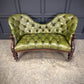 Vintage Victorian Green Buttoned Leather Double Spoon Back Sofa