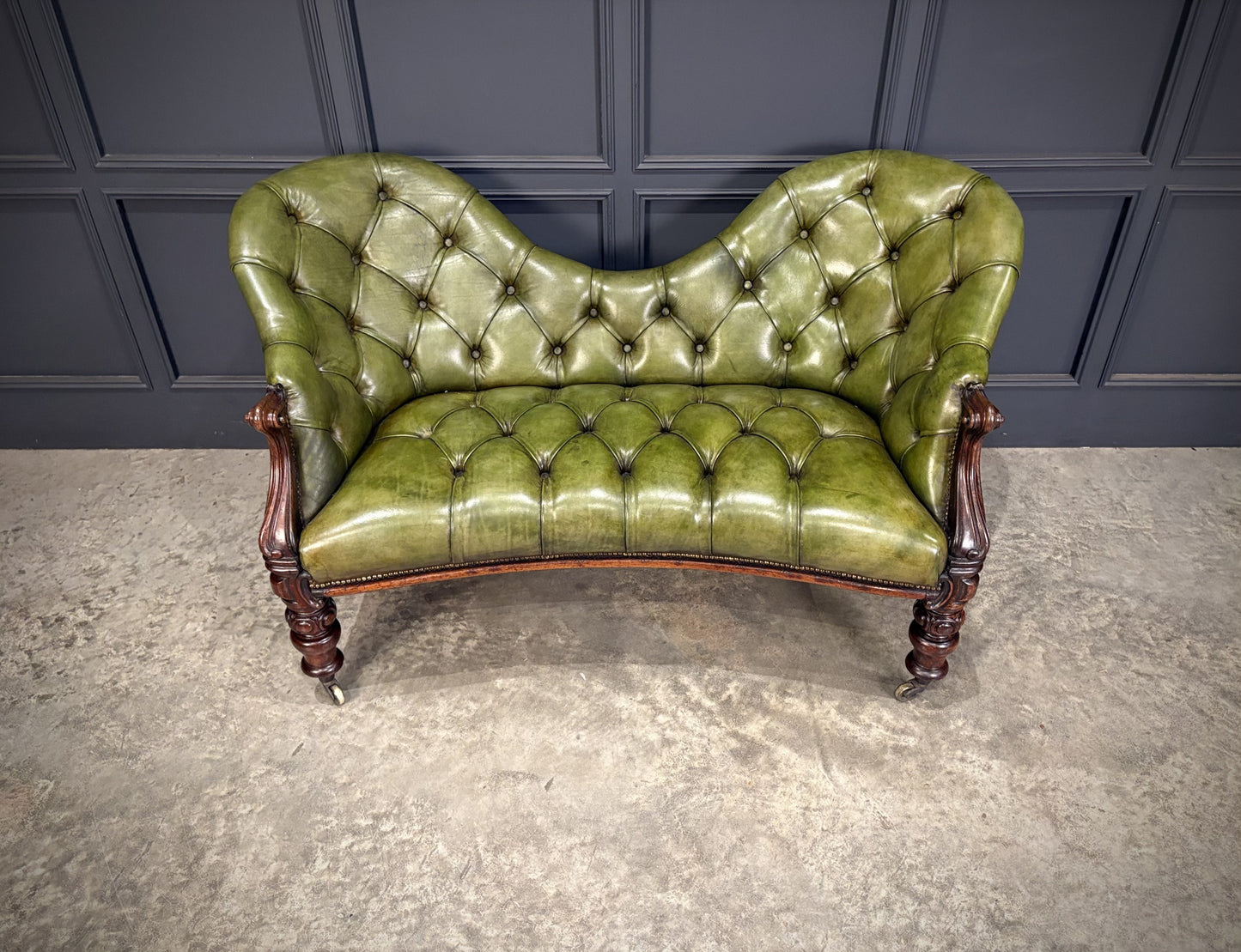 Vintage Victorian Green Buttoned Leather Double Spoon Back Sofa