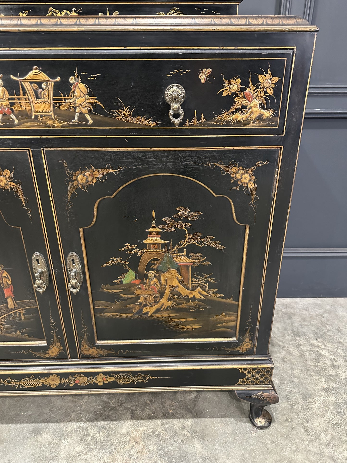 Vintage Chinoiserie Black Lacquered Japanned Sideboard