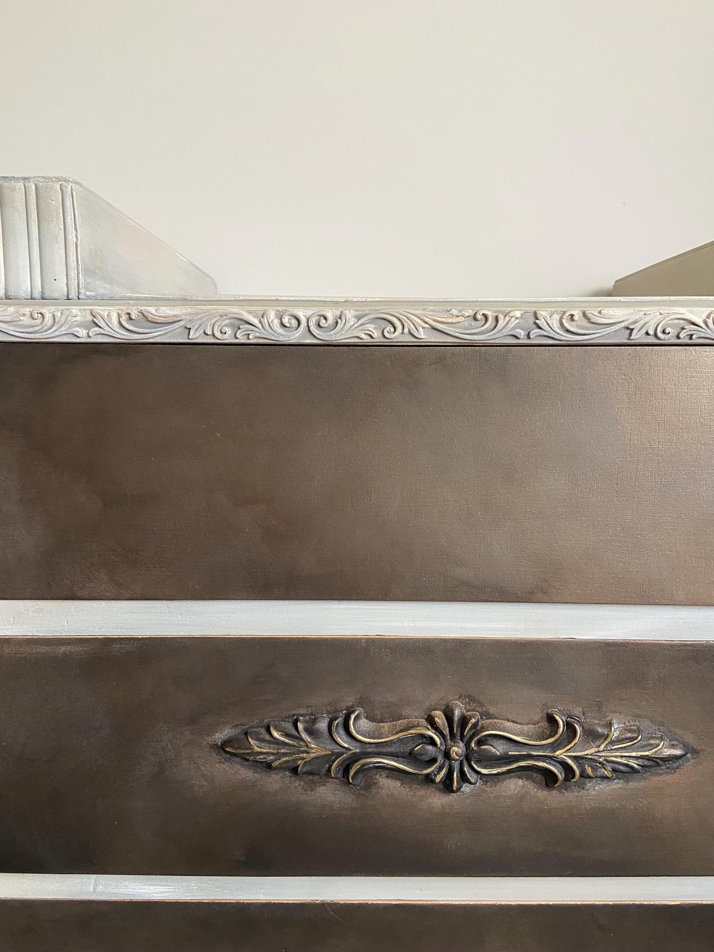 Mid Century Hand Painted Low Chest of Drawers: Bronze Glaze