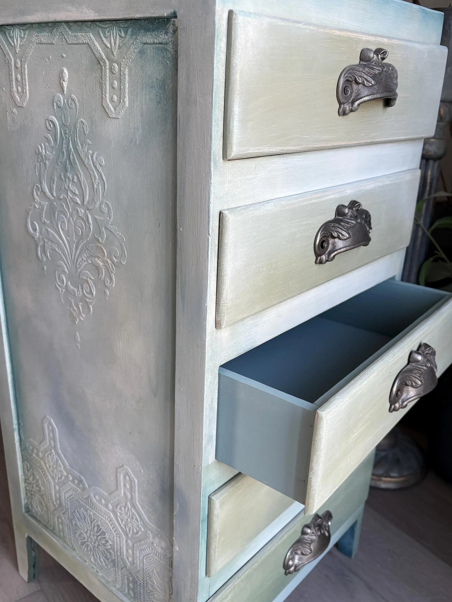 Vintage bedside drawers, hand painted sage green