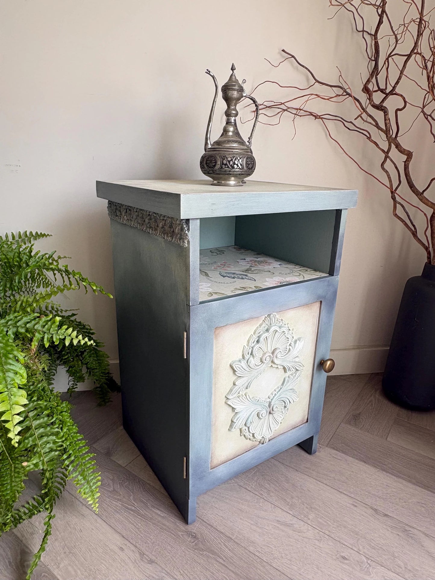 Vintage Bedside Cabinet | Hand Painted Blue Wooden Nightstand | Coastal Cottage Furniture