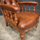 Pair Of Oak & Buttoned Vintage Leather Library Armchairs