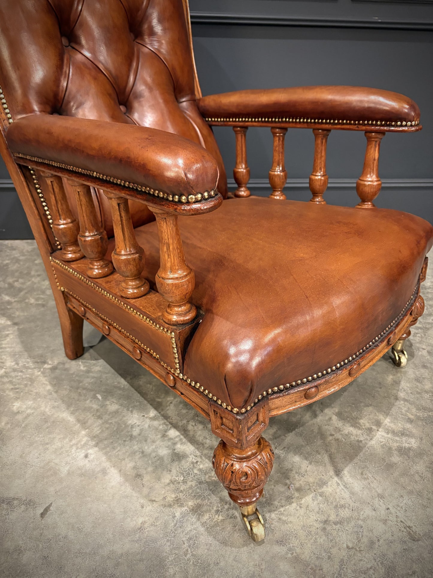 Pair Of Oak & Buttoned Vintage Leather Library Armchairs