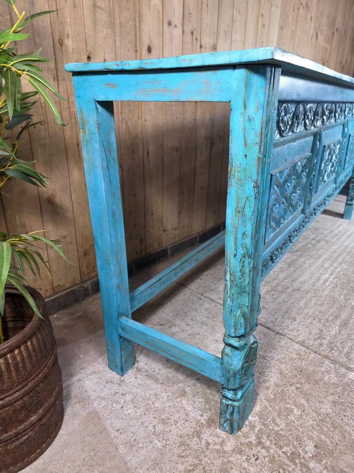 Blue Vintage Solid Wooden Carved Hallway Console Table