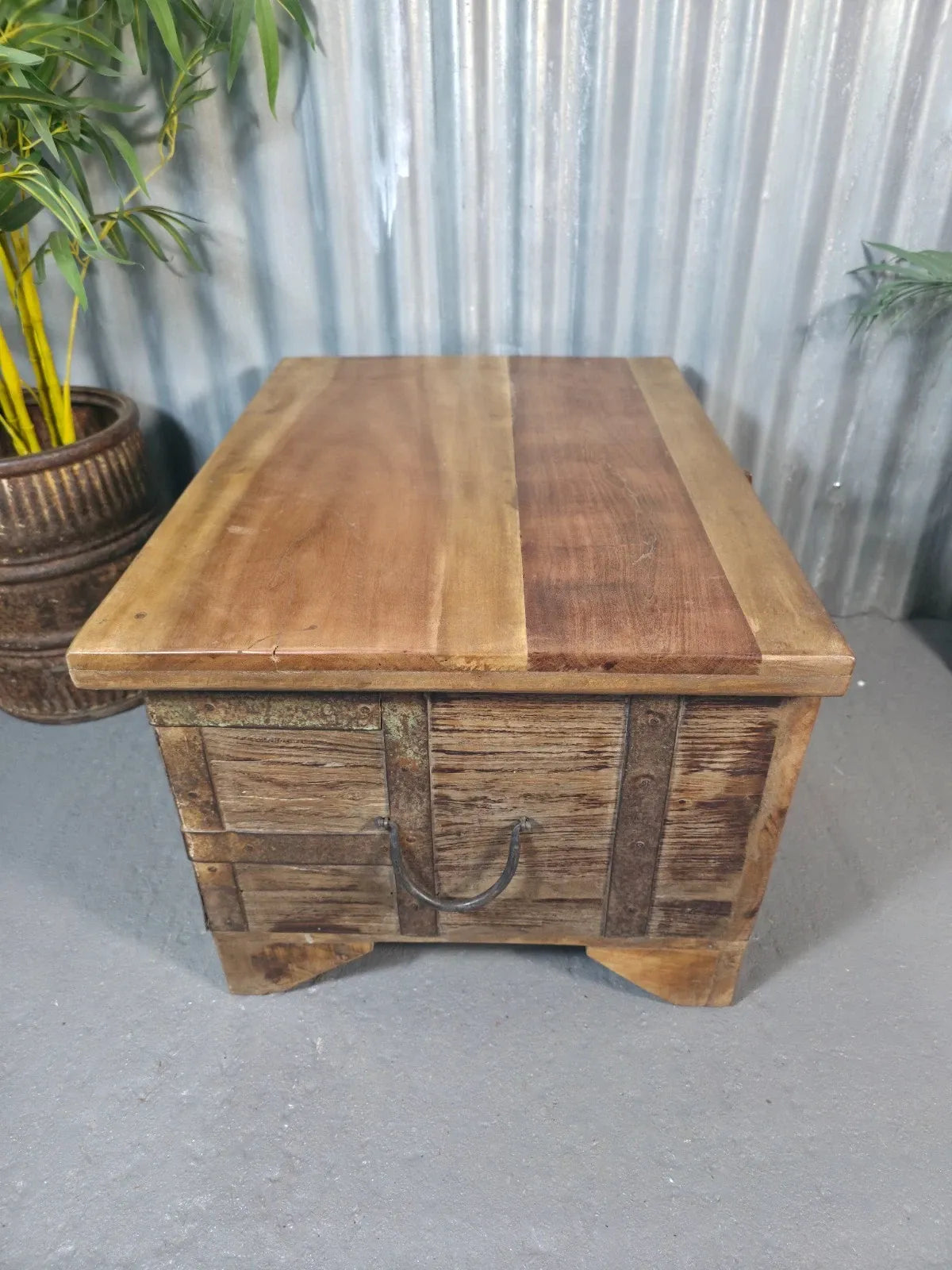 Vintage Rustic Indian Solid Wooden Dowry Chest Coffee Side Table Trunk