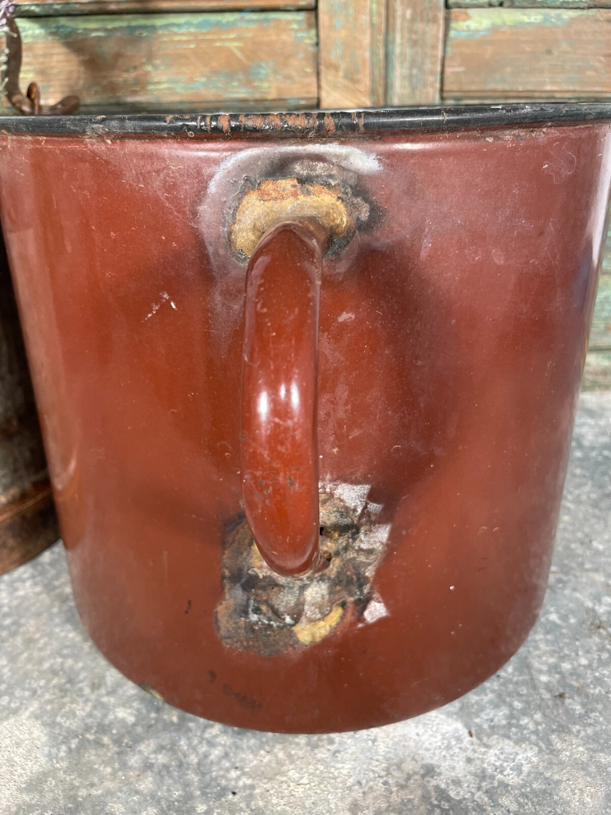 Vintage French Brown Enamel Cooking Pot Tub Garden Planter