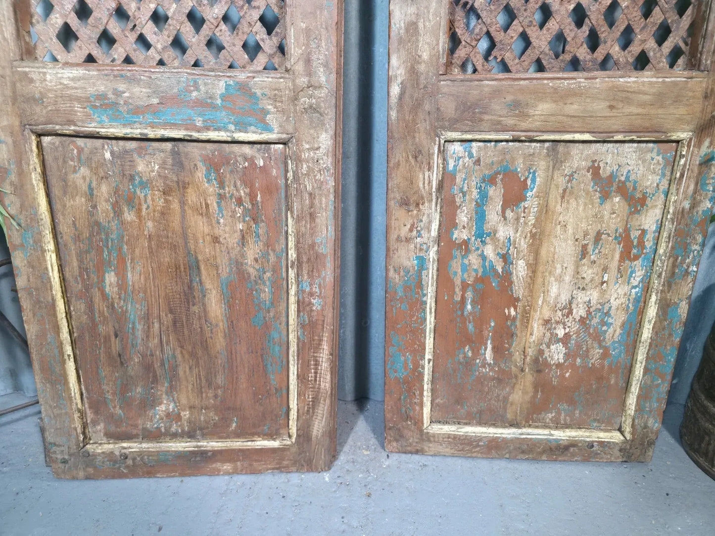 Pair Vintage Rustic Indian Wooden Iron Doors Garden Gates Room Divider Screen