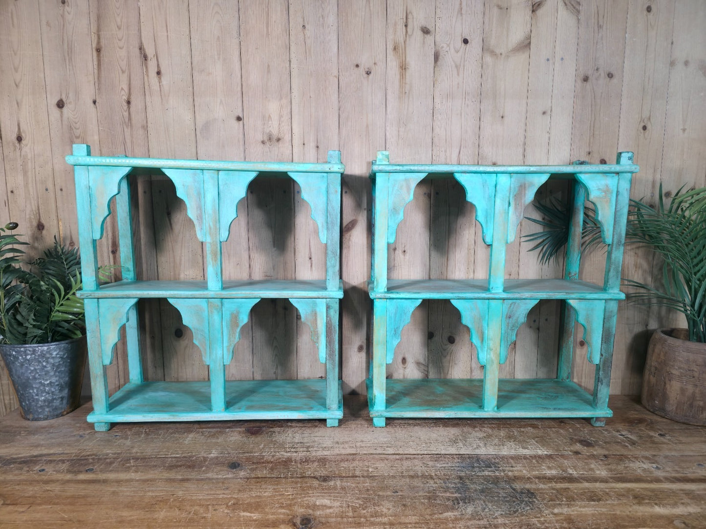 Blue Vintage Reclaimed Solid Wooded Arched Temple Wall Display Shelf Shelves