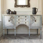 Vintage Hand-Painted Sideboard, Ornate French Style Cabinet, Oyster, Grey & Seafoam Storage Unit
