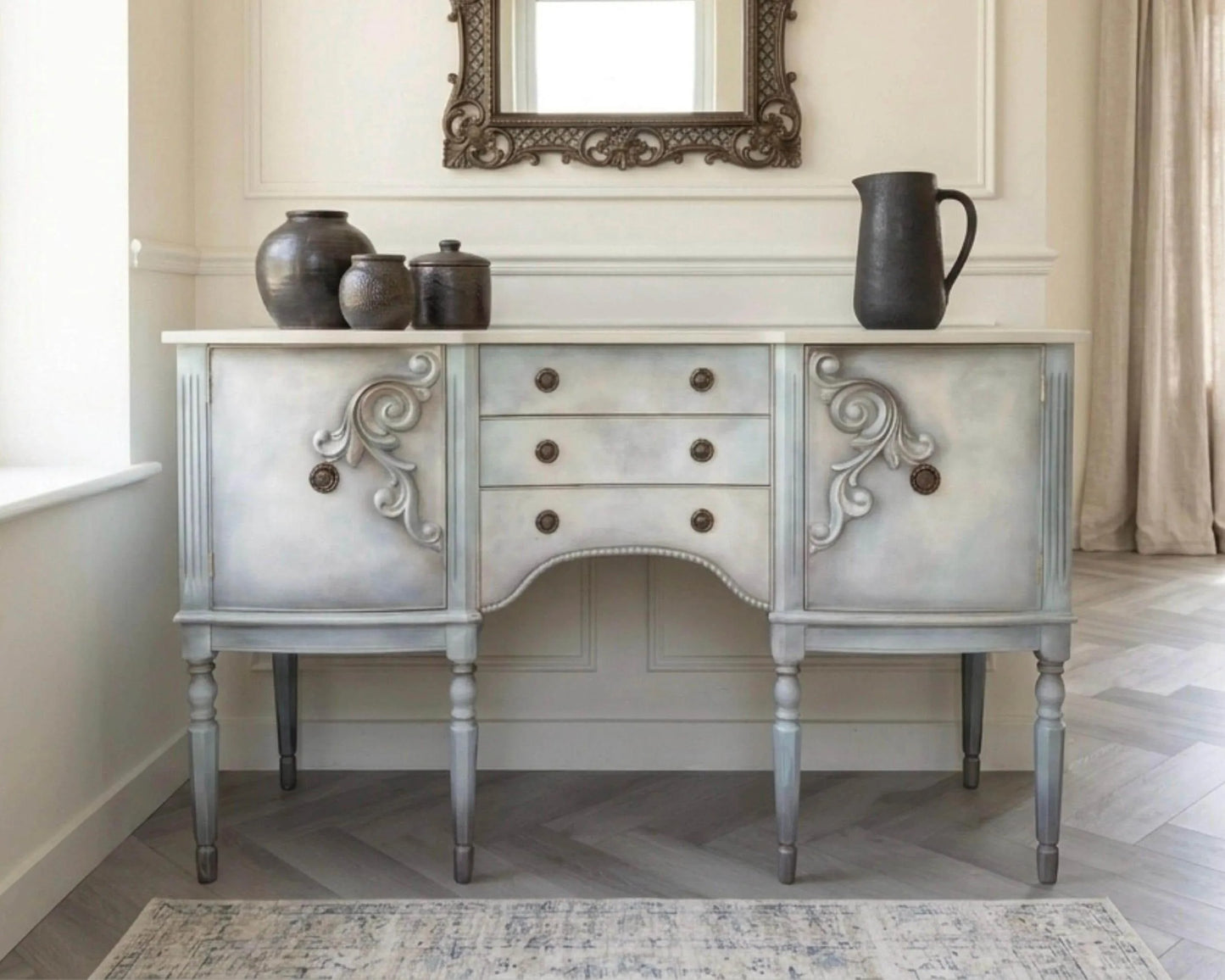 Vintage Hand-Painted Sideboard, Ornate French Style Cabinet, Oyster, Grey & Seafoam Storage Unit