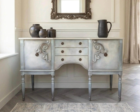 Vintage Hand-Painted Sideboard, Ornate French Style Cabinet, Oyster, Grey & Seafoam Storage Unit