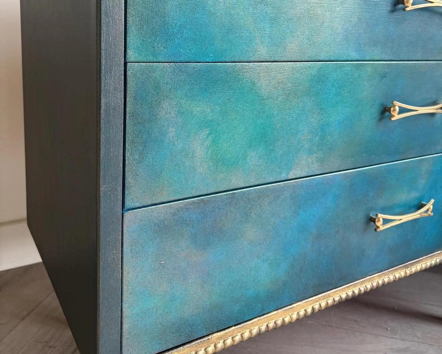 Blue, Teal & Green Vintage Chest of Drawers, Hand Painted Mid Century Dresser