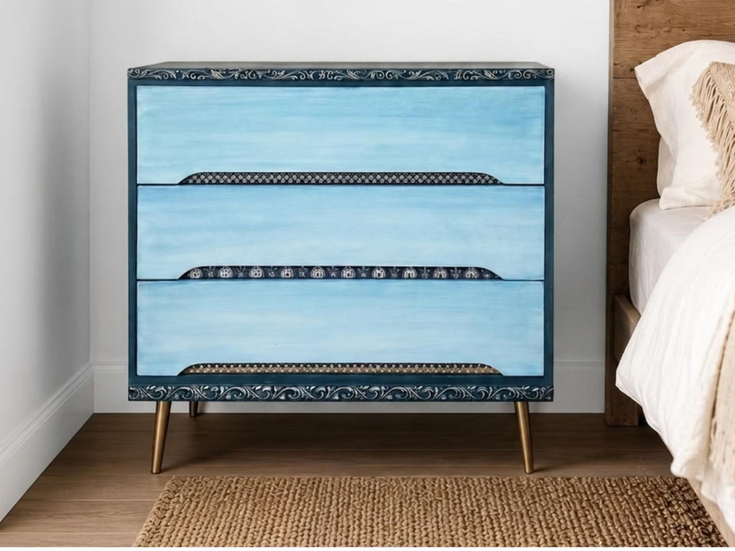 Blue Mid Century Chest of Drawers with Tapered Gold Legs. Boho Style
