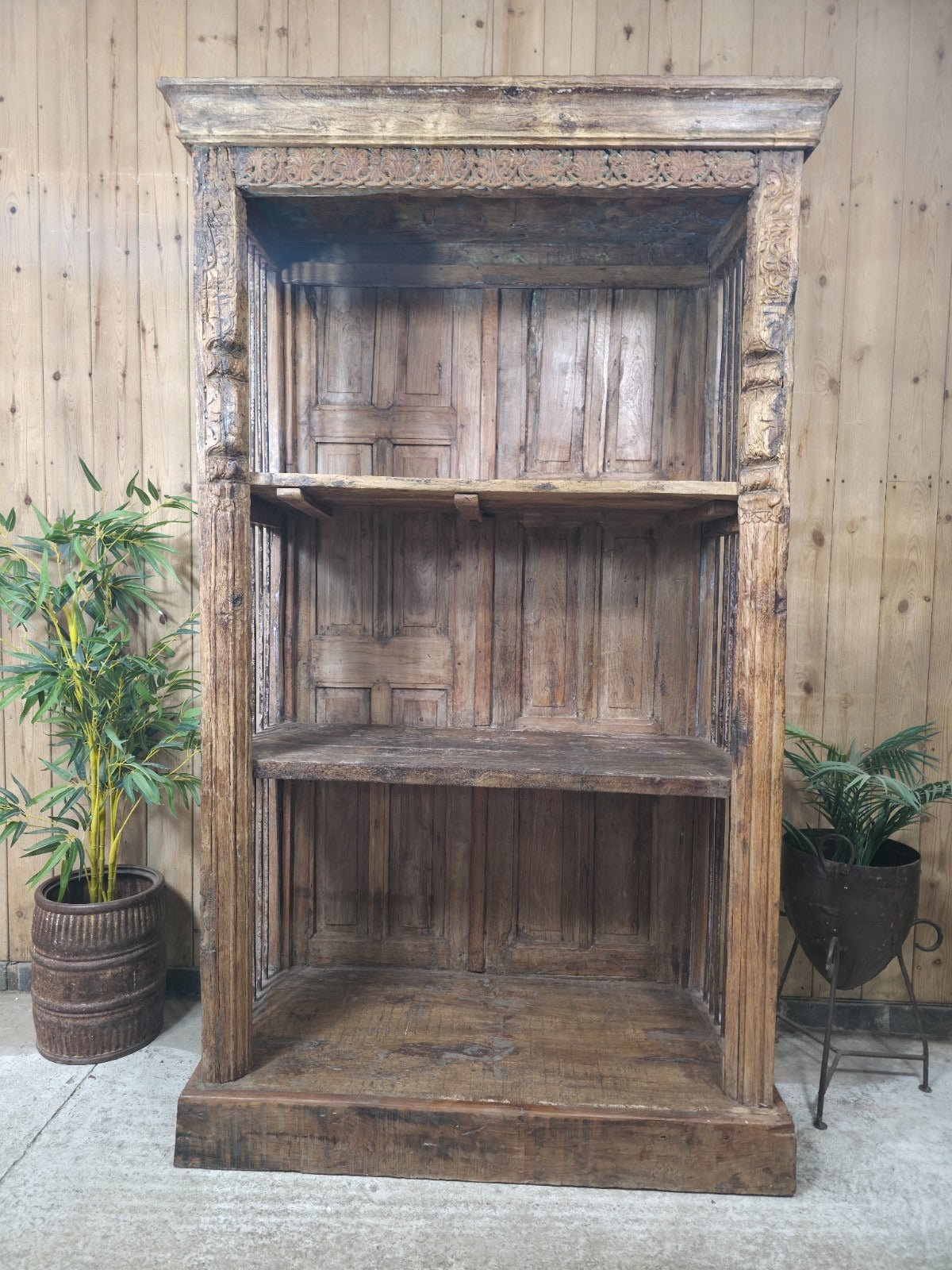Large Vintage Reclaimed Rustic Carved Indian Solid Wooden Bookcase Shelving Unit